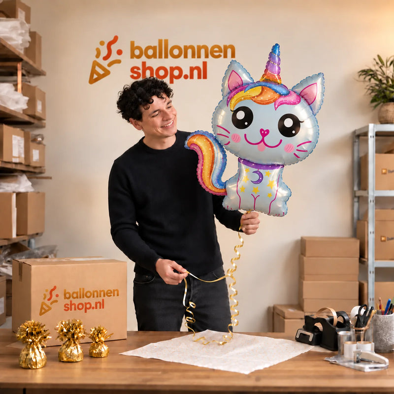 Jesse houdt de Caticorn Helium XL Ballon vast in de warme inpakruimte van Ballonnenshop.nl.