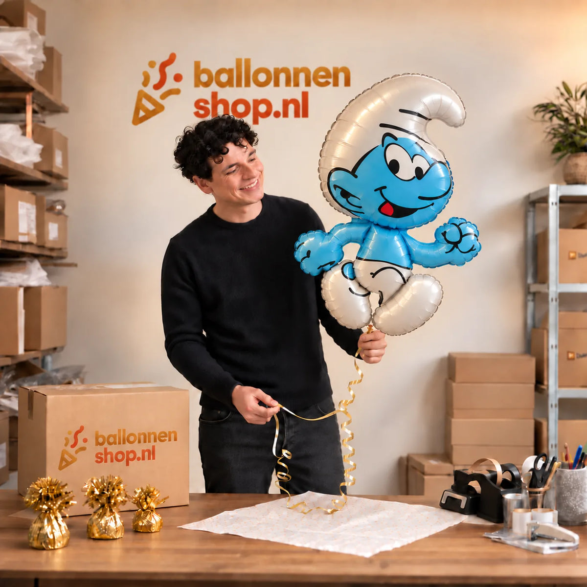 Jesse houdt de Smurf Helium XL Ballon vast in de warme inpakruimte van Ballonnenshop.nl.