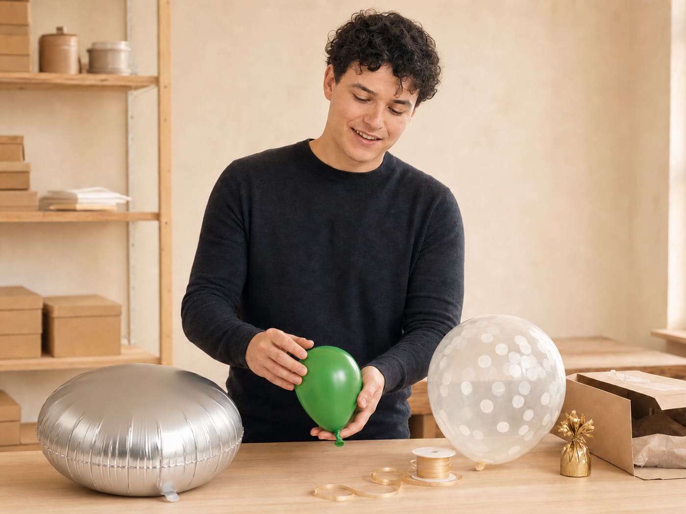Jesse de Vries vergelijkt verschillende ballonmaterialen op een werktafel.