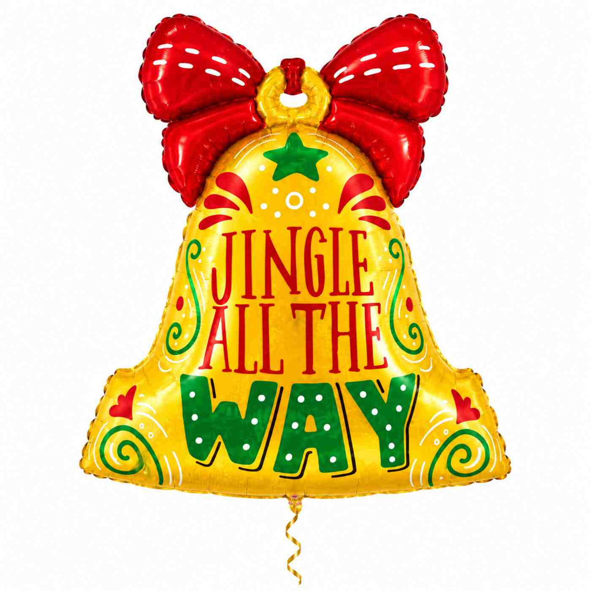 Jingle All The Way Bel Ballon met dun metallic gouden lint op witte achtergrond – Ballonnenshop.nl