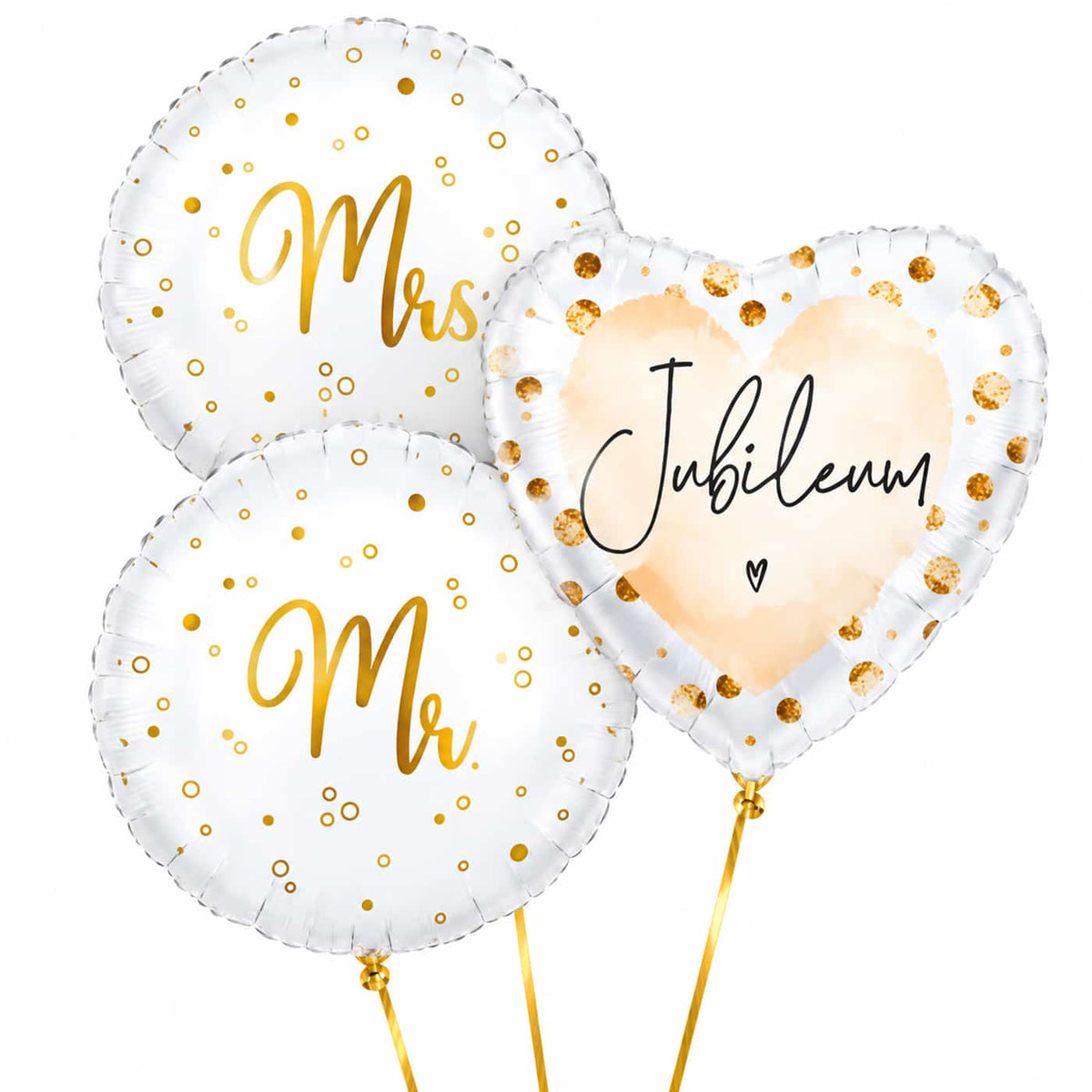 Jubileum Mr & Mrs Trosje – heliumgevulde ballonnen met dunne gouden lintjes op een witte achtergrond