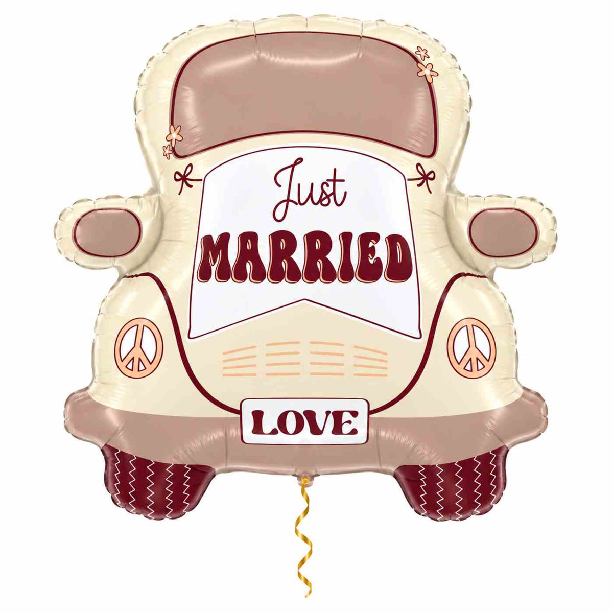 Just Married Auto XL Ballon met dun metallic gouden lint op witte achtergrond – Ballonnenshop.nl