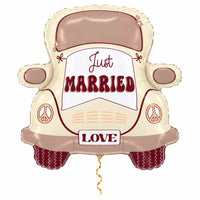 Just Married Auto XL Ballon met dun metallic gouden lint op witte achtergrond – Ballonnenshop.nl