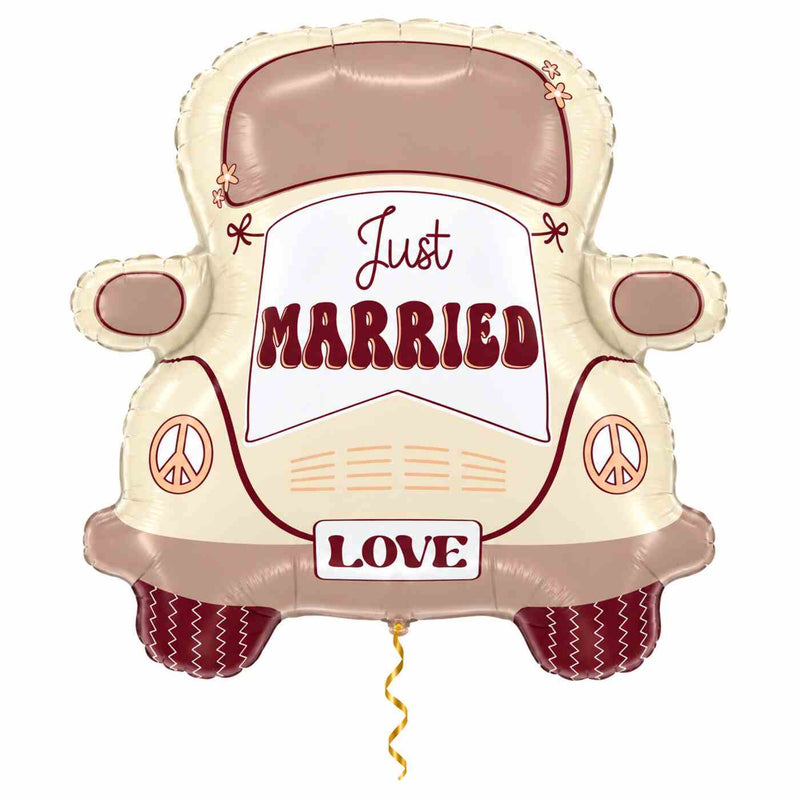 Just Married Auto XL Ballon met dun metallic gouden lint op witte achtergrond – Ballonnenshop.nl