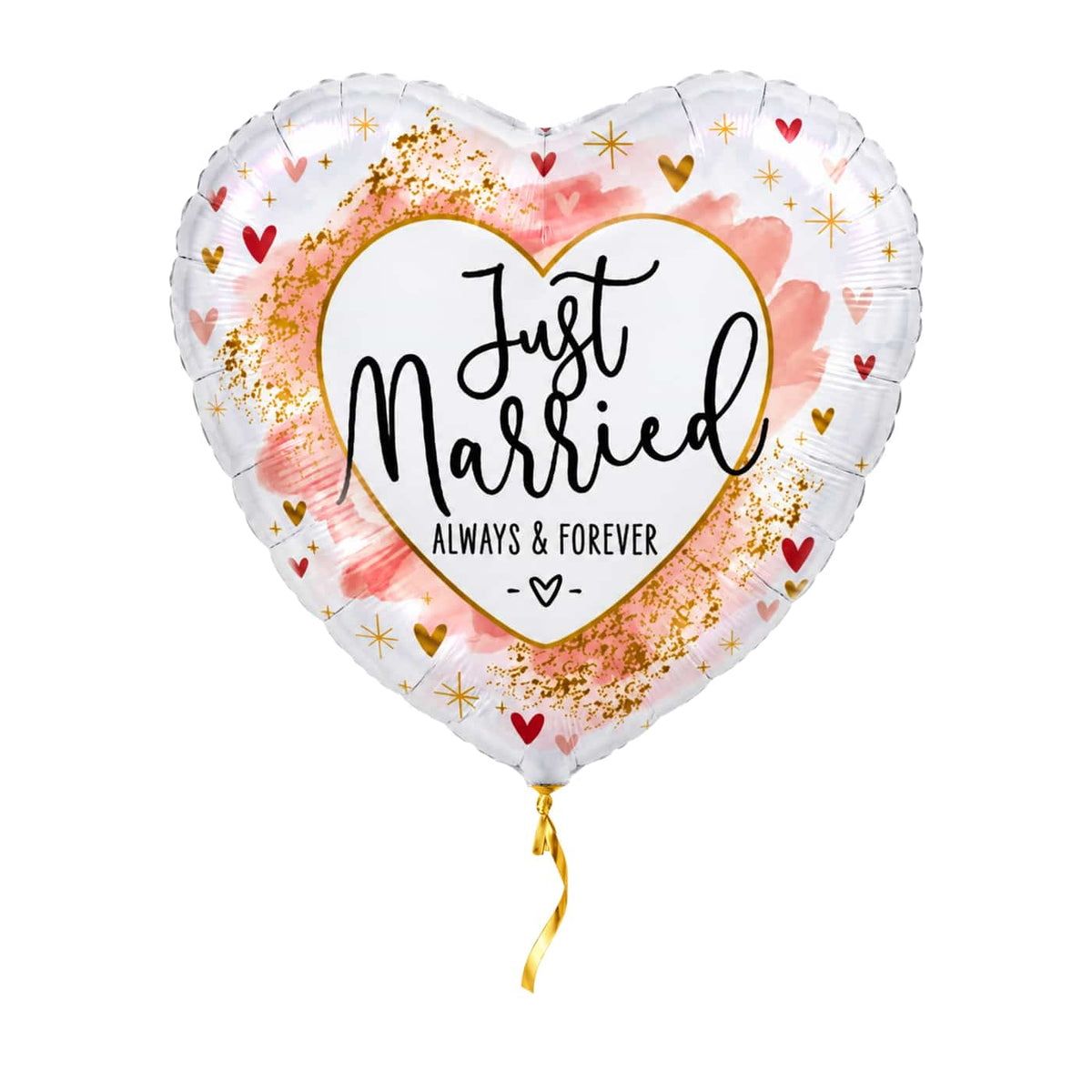 Just Married Helium Ballon – met helium gevuld, met gouden lint