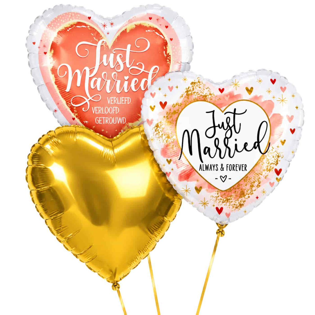 Just Married Trosje Ballonnen – heliumgevulde ballonnen met dunne gouden lintjes op een witte achtergrond