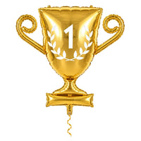 Kampioensbeker Helium Ballon met dun metallic gouden lint op witte achtergrond – Ballonnenshop.nl