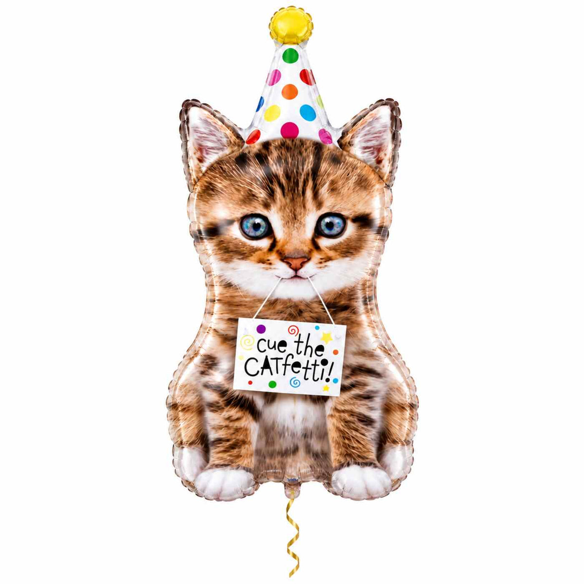 Kat Cue The Catfetti XL Ballon met dun metallic gouden lint op witte achtergrond – Ballonnenshop.nl