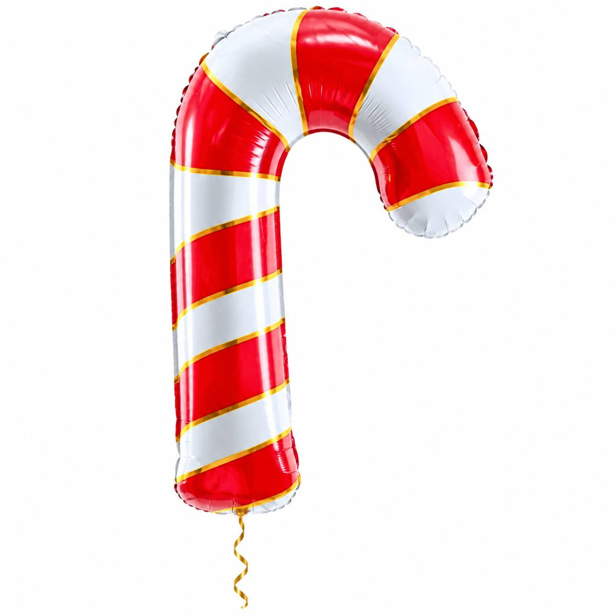 Kerst Zuurstok Helium XL Ballon met dun metallic gouden lint op witte achtergrond – Ballonnenshop.nl