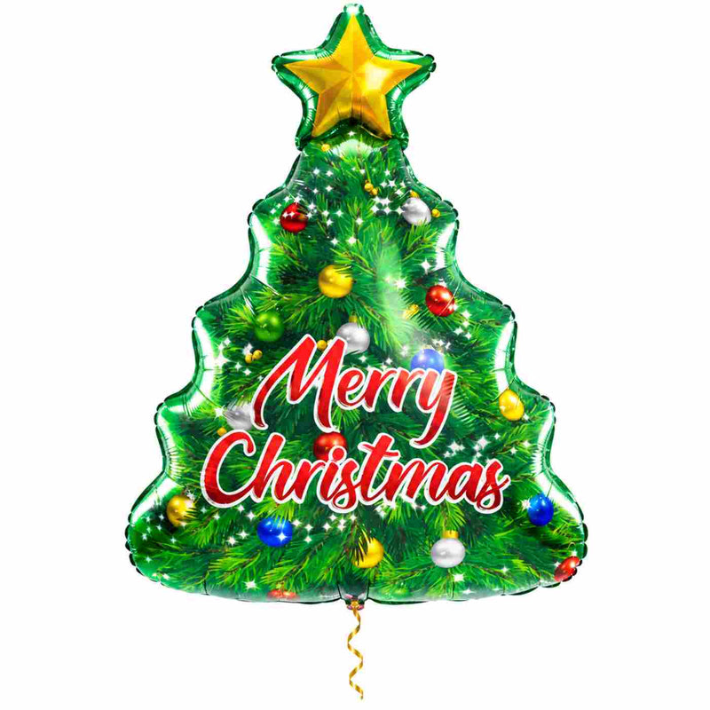 Kerstboom Merry Christmas XL met dun metallic gouden lint op witte achtergrond – Ballonnenshop.nl