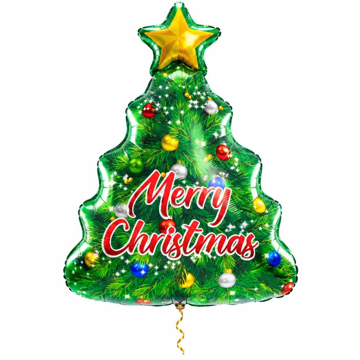 Kerstboom Merry Christmas XL met dun metallic gouden lint op witte achtergrond – Ballonnenshop.nl