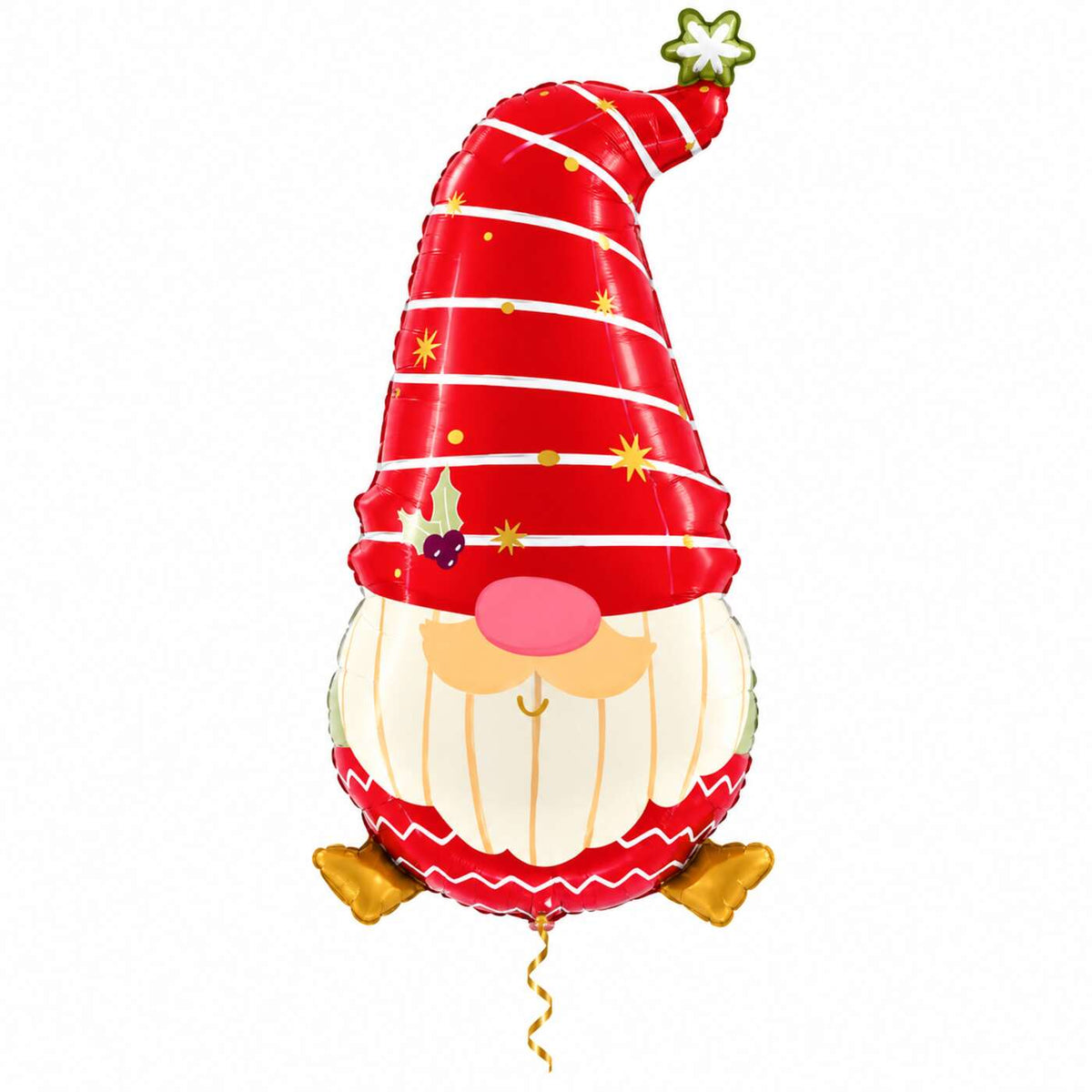 Kerstkabouter Helium Ballon met dun metallic gouden lint op witte achtergrond – Ballonnenshop.nl