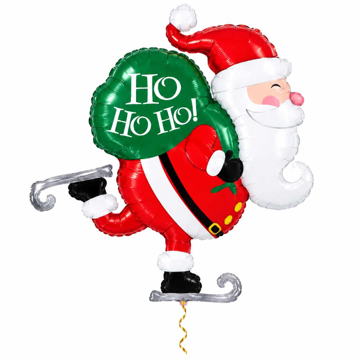 Kerstman Ho Ho Ho! XL Ballon met dun metallic gouden lint op witte achtergrond – Ballonnenshop.nl