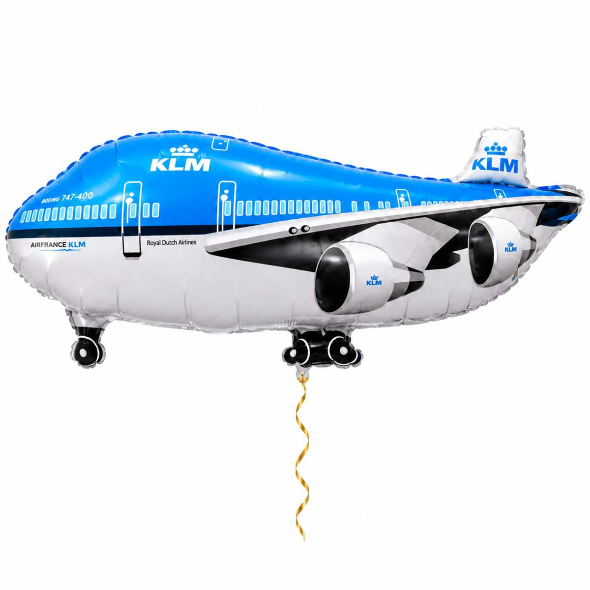 KLM Vliegtuig Helium XL Ballon met dun metallic gouden lint op witte achtergrond – Ballonnenshop.nl