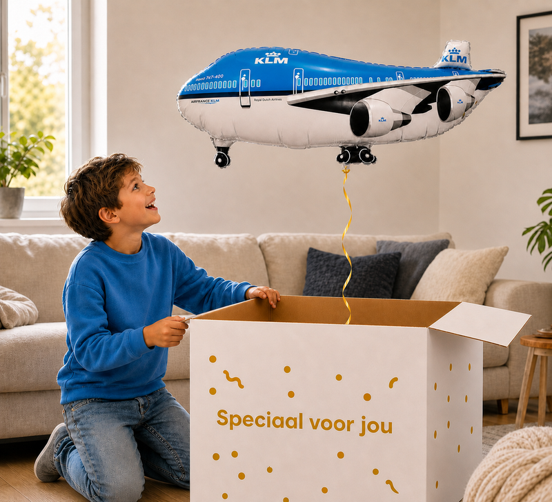 KLM Vliegtuig Helium XL Ballon - blij uitpakmoment - Ballonnenshop.nl