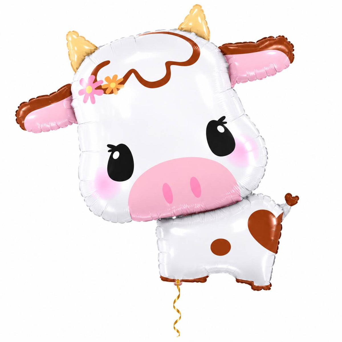 Koe Helium XL Ballon met dun metallic-gouden lint op witte achtergrond – Ballonnenshop.nl