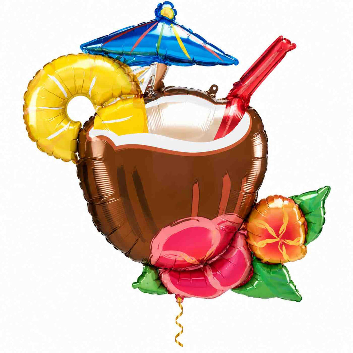 Kokosnoot Cocktail Pina Colada XL met dun metallic gouden lint op witte achtergrond – Ballonnenshop.nl