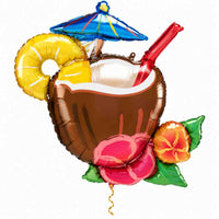 Kokosnoot Cocktail Pina Colada XL met dun metallic gouden lint op witte achtergrond – Ballonnenshop.nl