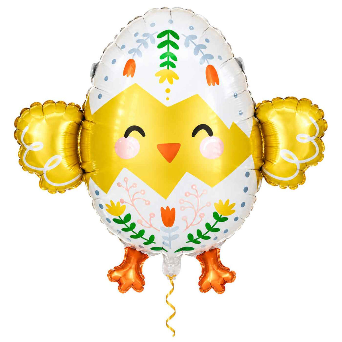 Kuiken Helium XL Ballon met dun metallic gouden lint op witte achtergrond – Ballonnenshop.nl
