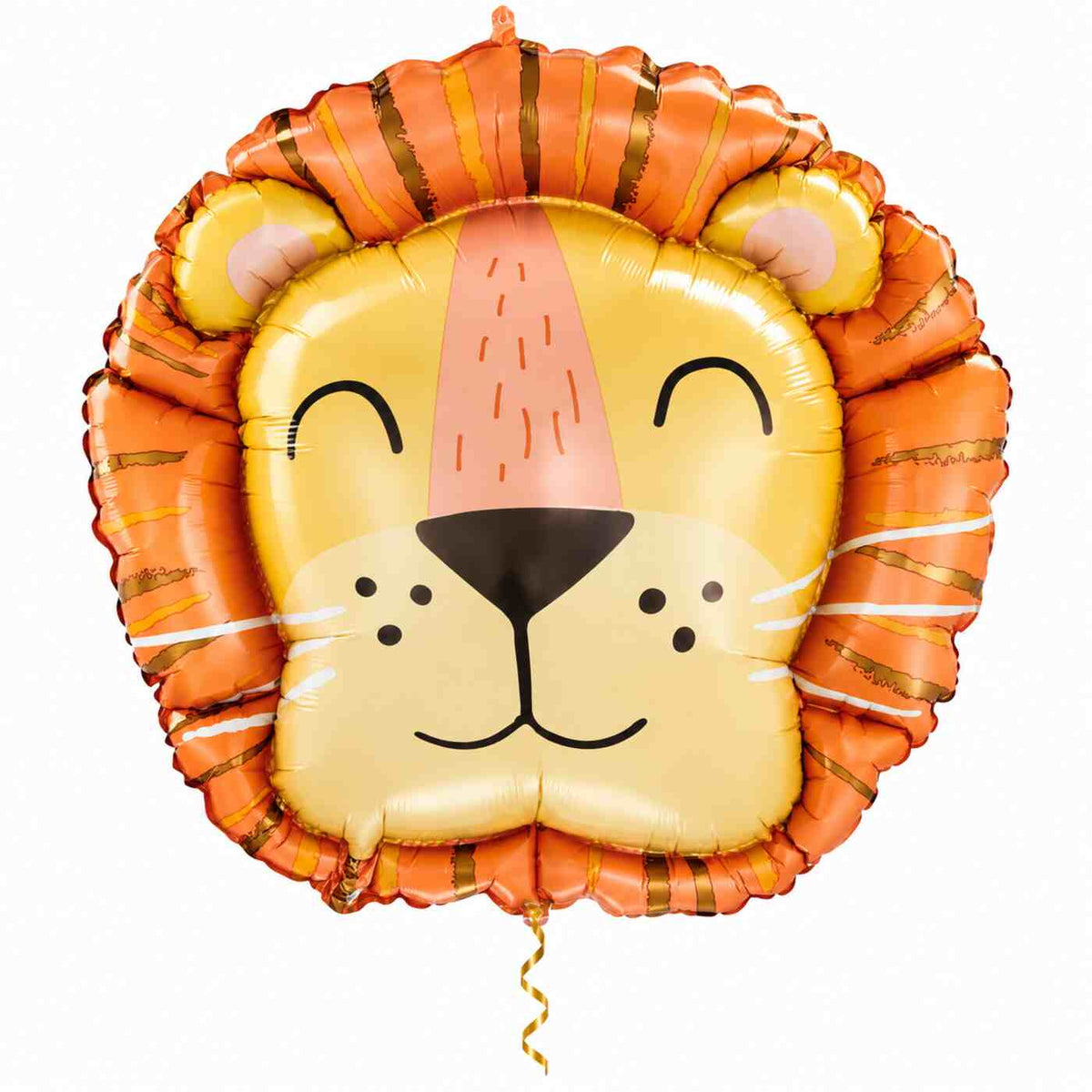 Leeuw Helium XL Ballon met dun metallic gouden lint op witte achtergrond – Ballonnenshop.nl