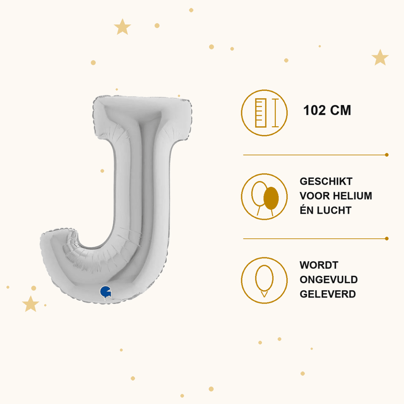 Letter Ballon J Zilver 102 cm - Ballonnenshop.nl