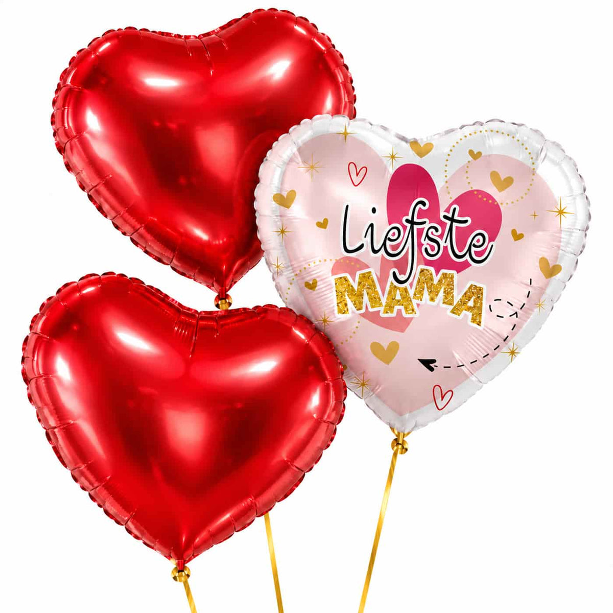 Liefste Mama Trosje Ballonnen – heliumgevulde ballonnen met dunne gouden lintjes op een witte achtergrond