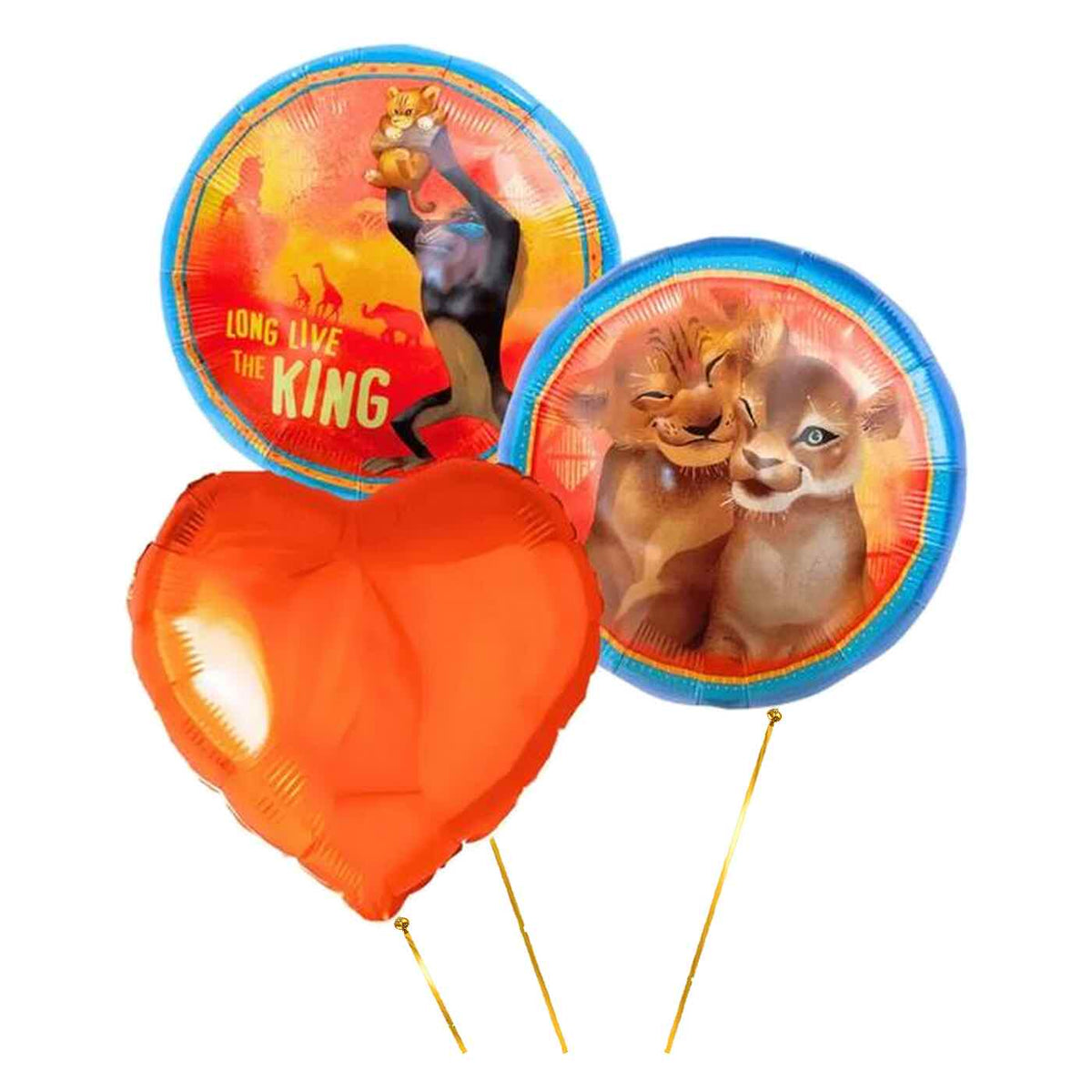 Lion King Trosje – heliumgevulde ballonnen met dunne metallic-gouden lintjes op een witte achtergrond