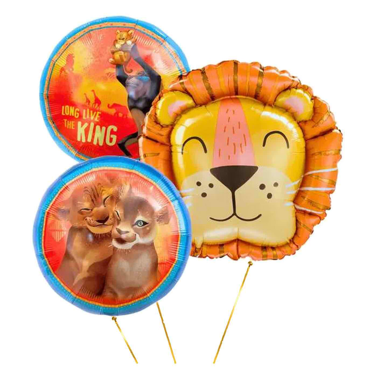 Lion King Trosje XL – heliumgevulde ballonnen met dunne metallic-gouden lintjes op een witte achtergrond
