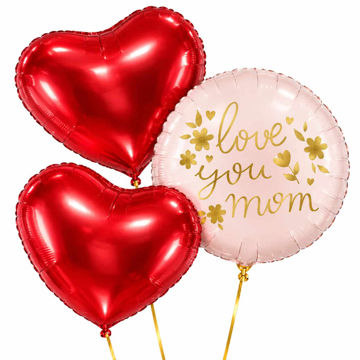Love You Mom Trosje Ballonnen – heliumgevulde ballonnen met dunne gouden lintjes op een witte achtergrond