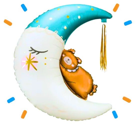 Maan Met Beertje Helium Ballon Blauw - Gevuld Met Helium - 98 cm - Ballonnenshop.nl