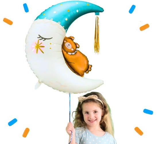 Maan Met Beertje Helium Ballon Blauw - Gevuld Met Helium - 98 cm - Ballonnenshop.nl