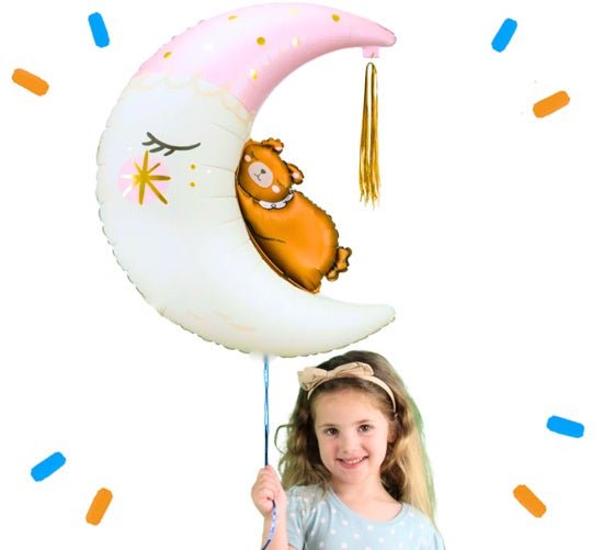 Maan Met Beertje Helium Ballon Roze - Gevuld Met Helium - 98 cm - Ballonnenshop.nl