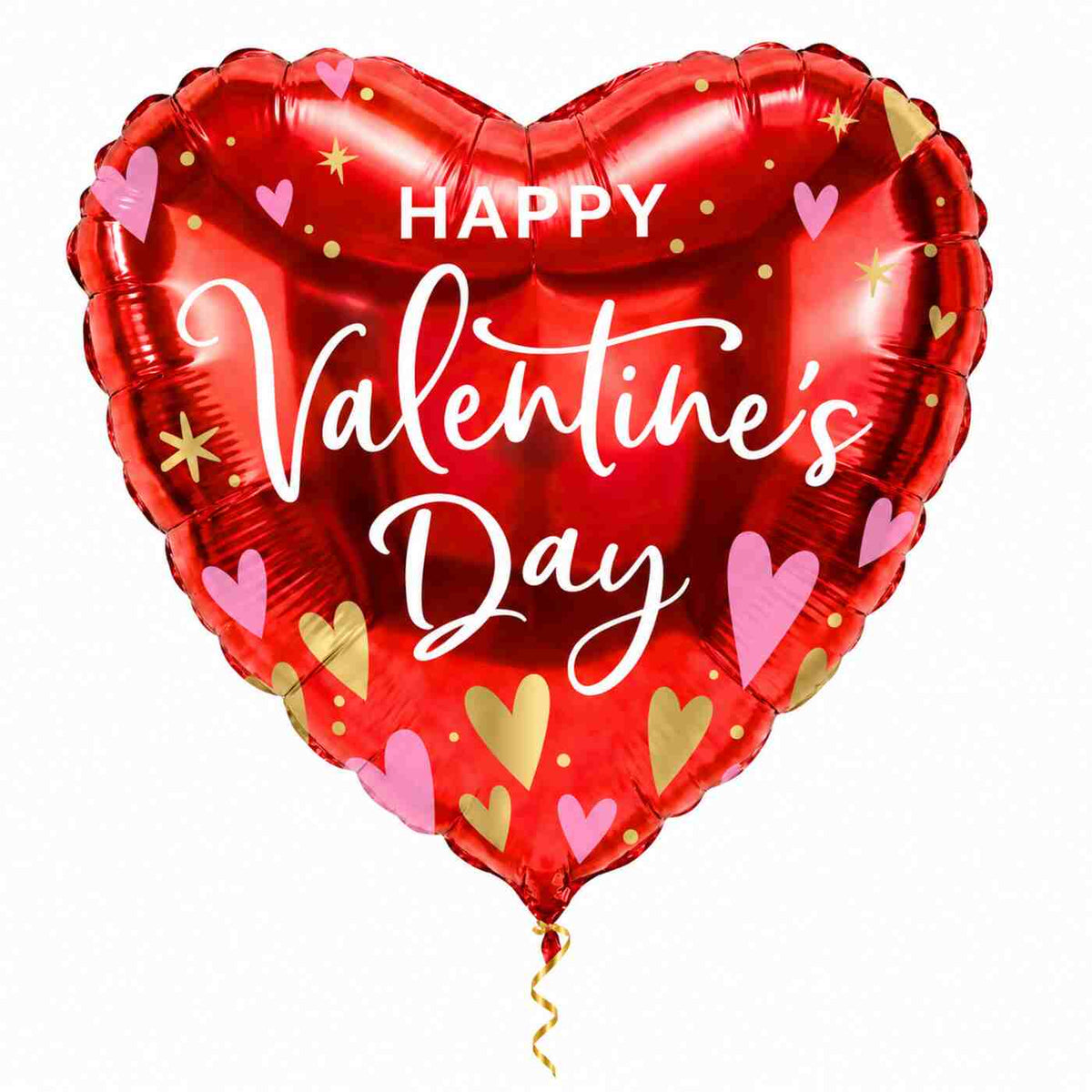Mega Happy Valentines Day Hart Ballon met dun metallic gouden lint op witte achtergrond – Ballonnenshop.nl