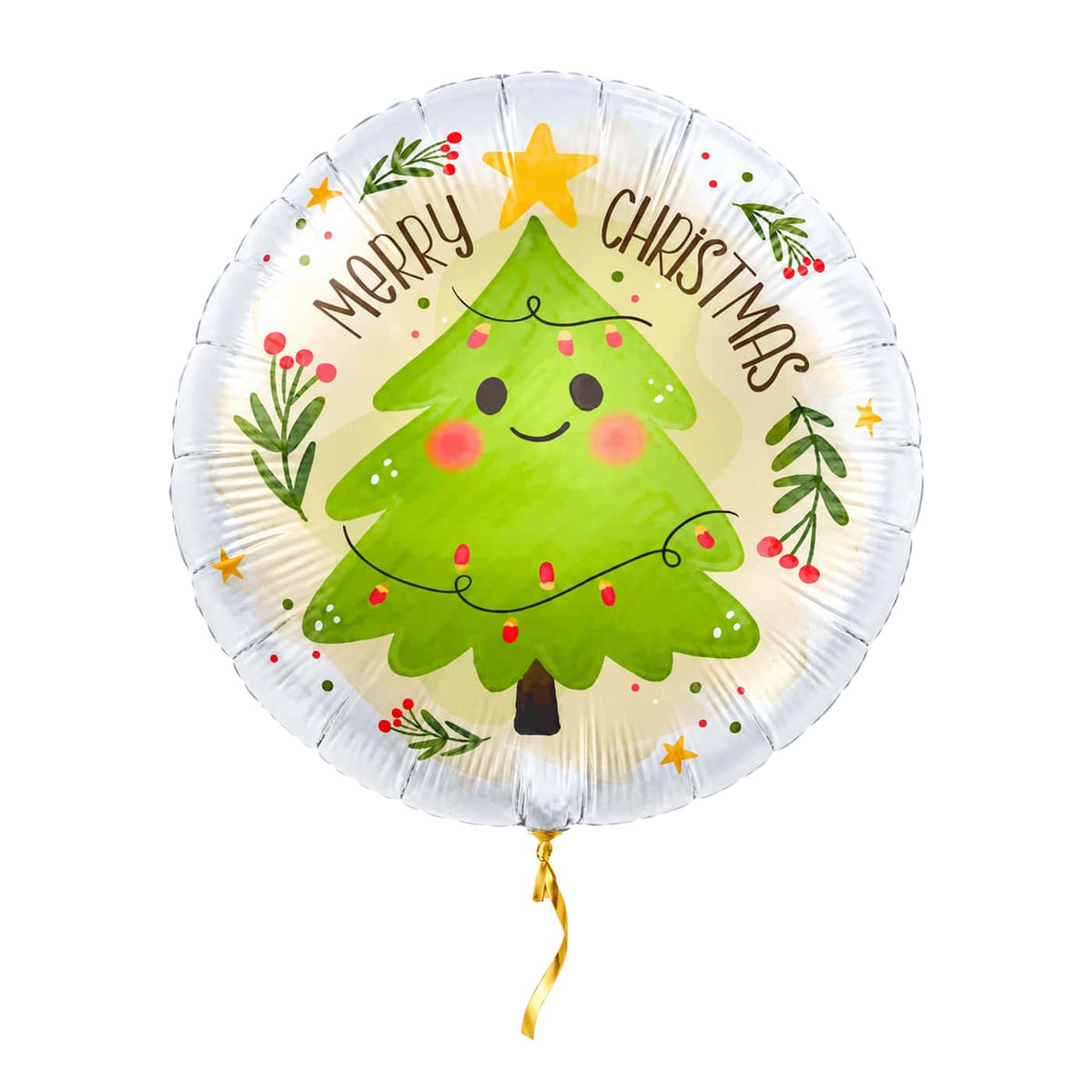 Merry Christmas Kerstboom Ballon – met helium gevuld, met gouden lint
