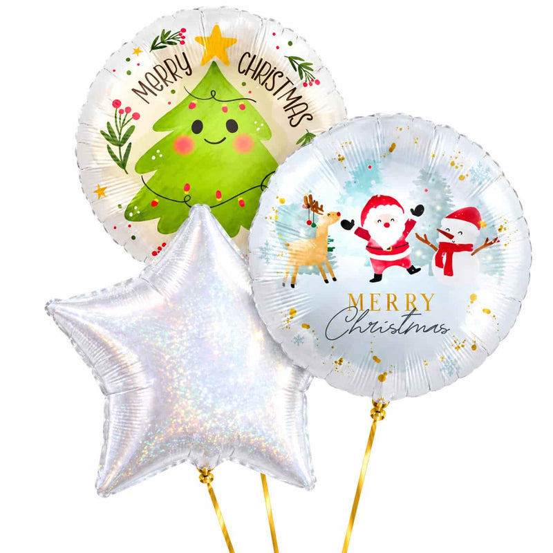 Merry Christmas Trosje Ballonnen – heliumgevulde ballonnen met dunne gouden lintjes op een witte achtergrond