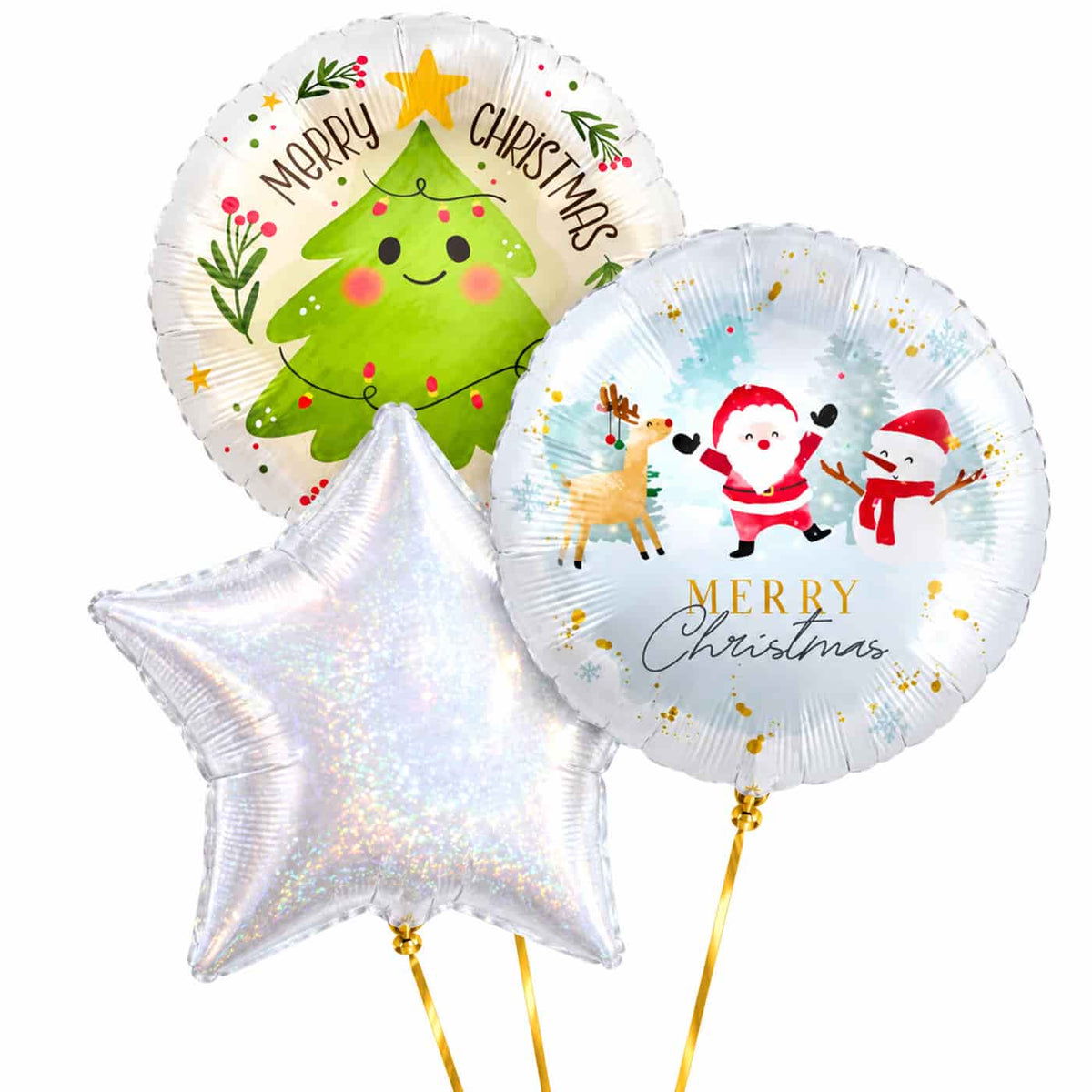 Merry Christmas Trosje Ballonnen – heliumgevulde ballonnen met dunne gouden lintjes op een witte achtergrond