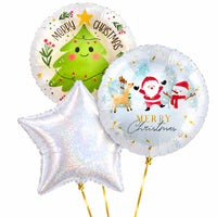 Merry Christmas Trosje Ballonnen – heliumgevulde ballonnen met dunne gouden lintjes op een witte achtergrond