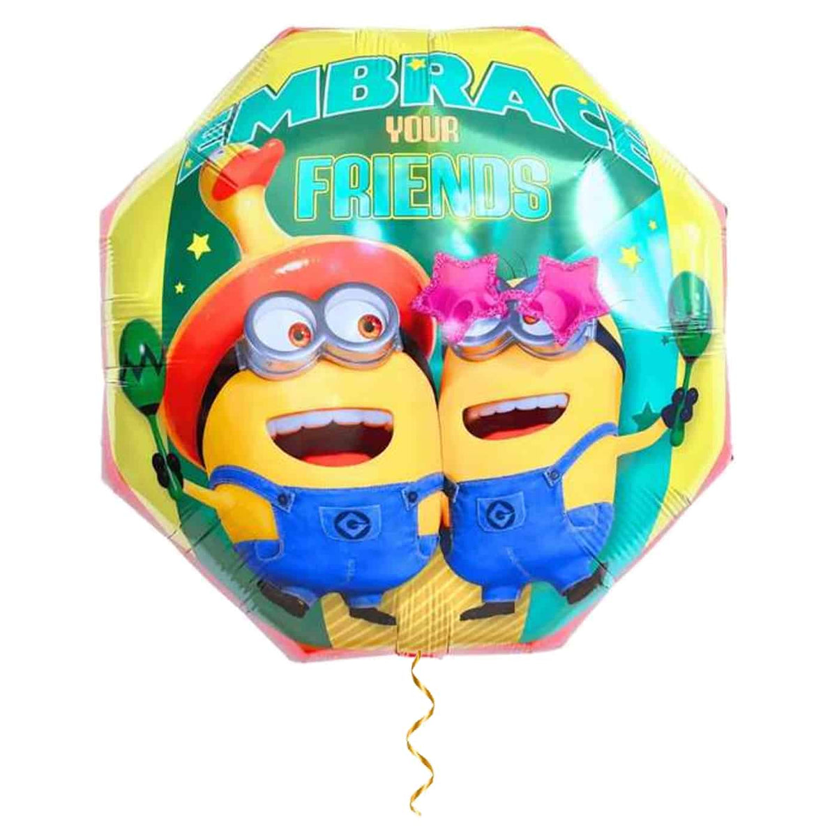 Minion Embrace Your Friends – helium gevuld met metallic gouden lint – Ballonnenshop.nl