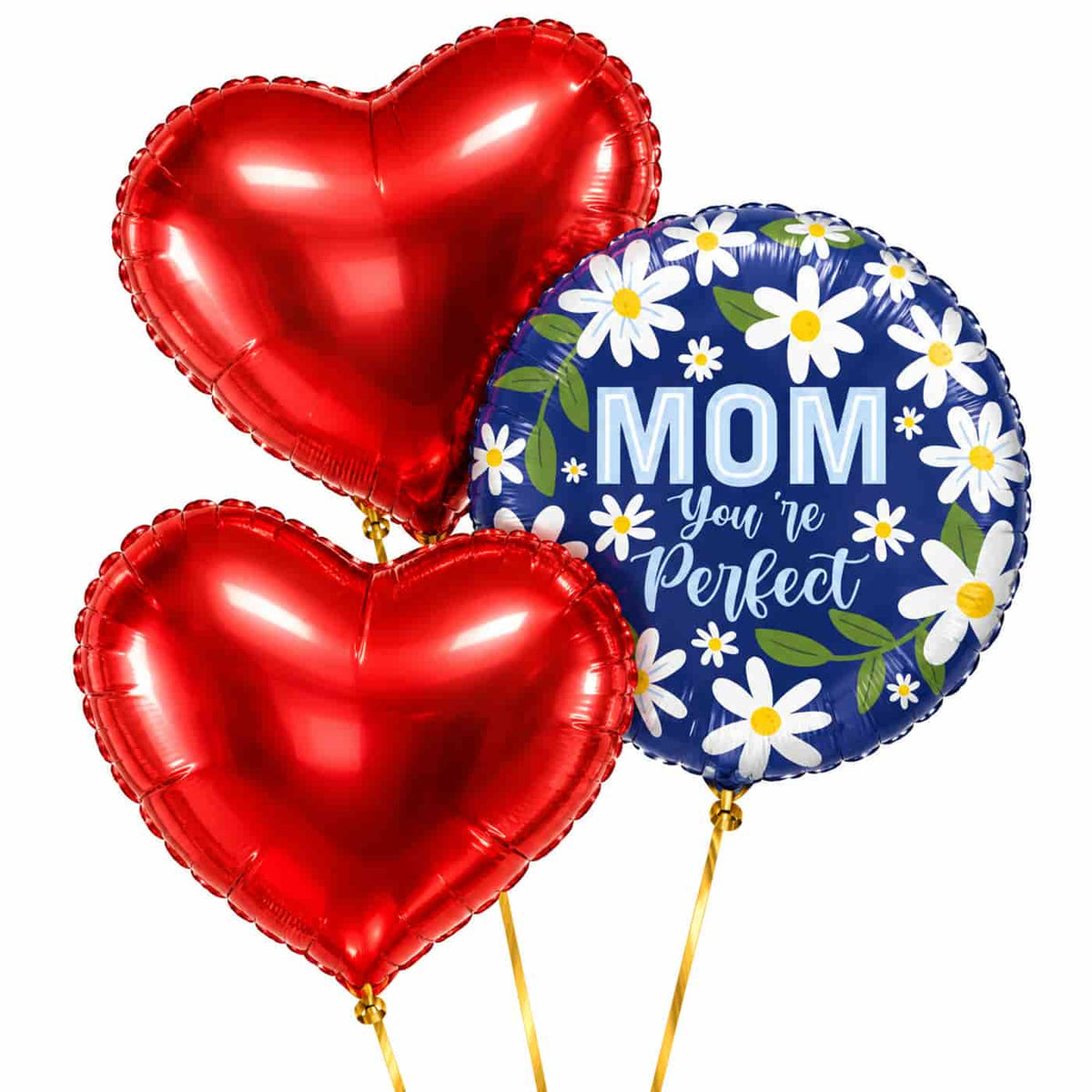 Mom You're Perfect Trosje – drie heliumgevulde ballonnen met dunne gouden lintjes op een witte achtergrond