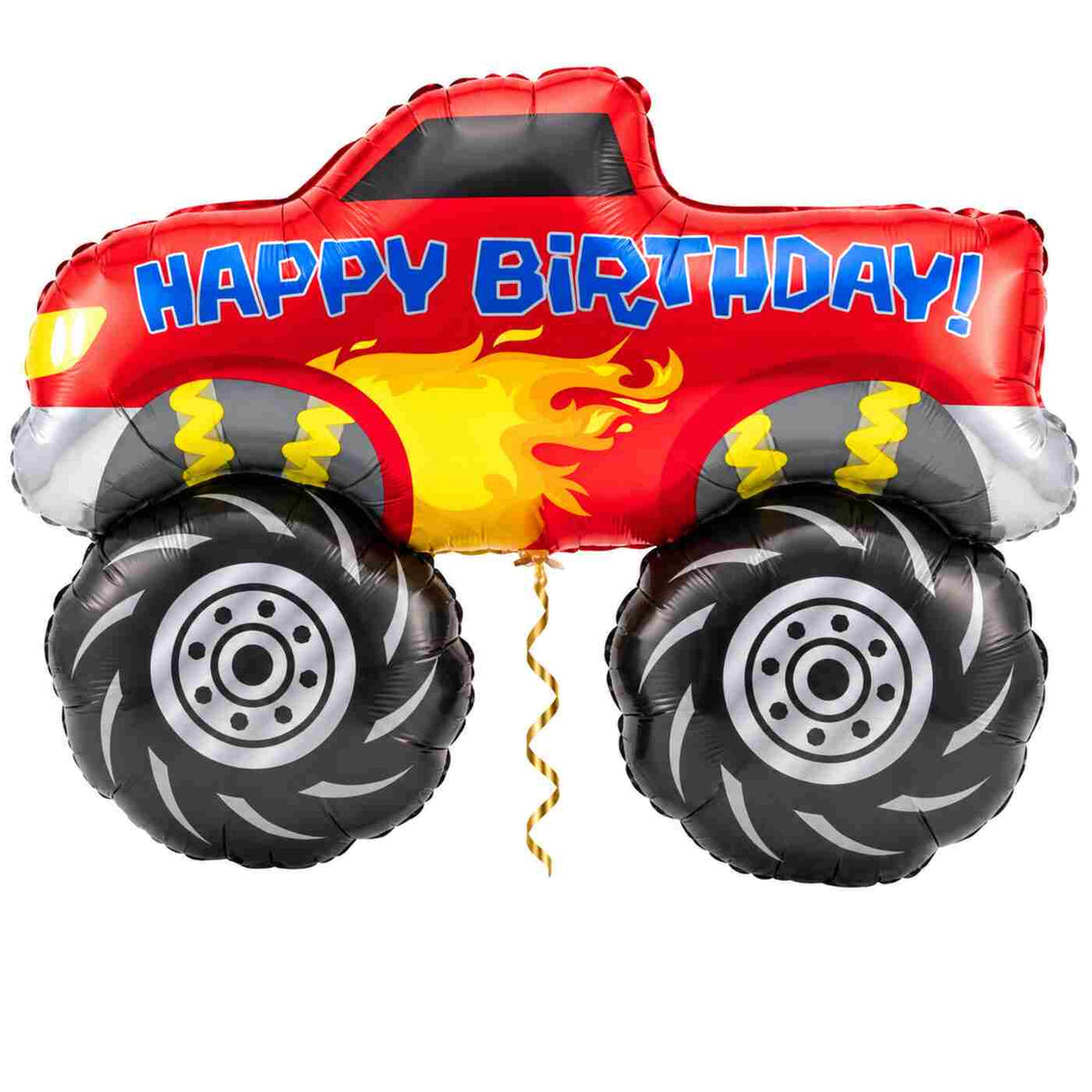 Monstertruck Happy Birthday XL met dun metallic gouden lint op witte achtergrond – Ballonnenshop.nl
