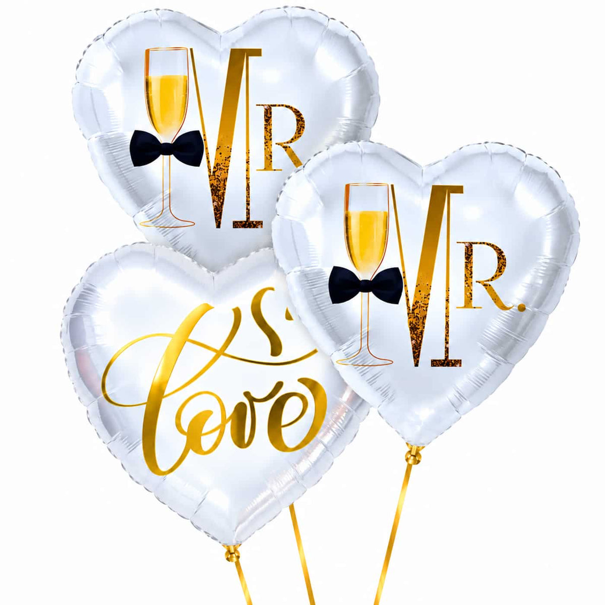 Mr & Mr Love Trosje Ballonnen – heliumgevulde ballonnen met dunne gouden lintjes op een witte achtergrond