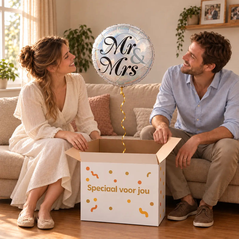 Uitpakmoment met Mr & Mrs Helium Ballon uit een cadeaudoos van Ballonnenshop.nl