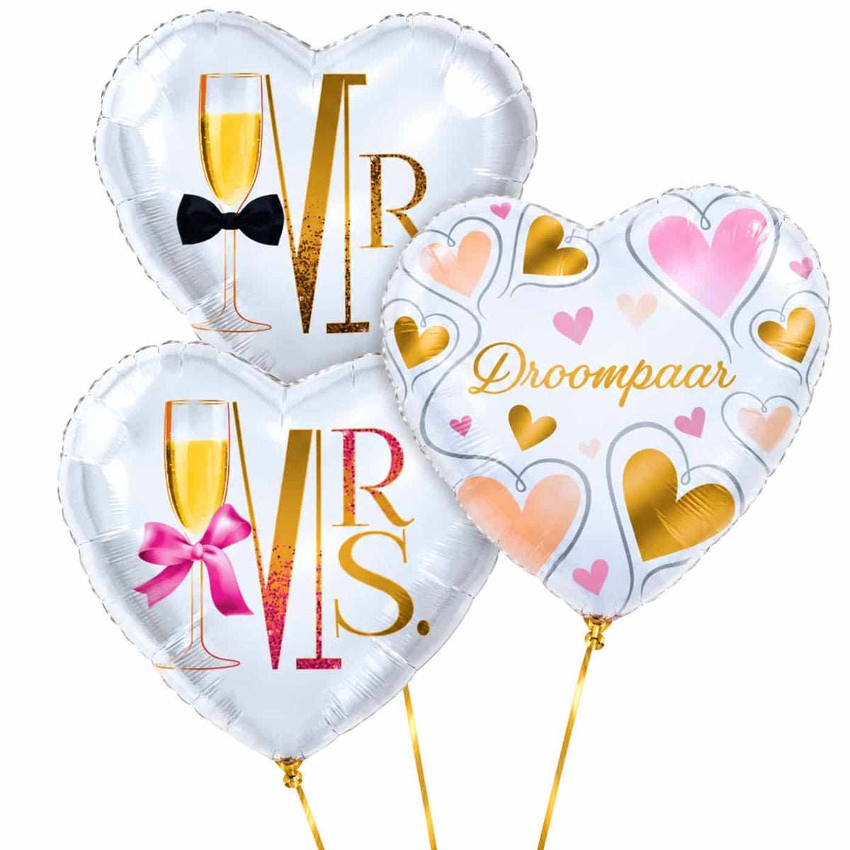 Mr & Mrs Droompaar Trosje – heliumgevulde ballonnen met dunne gouden lintjes op een witte achtergrond