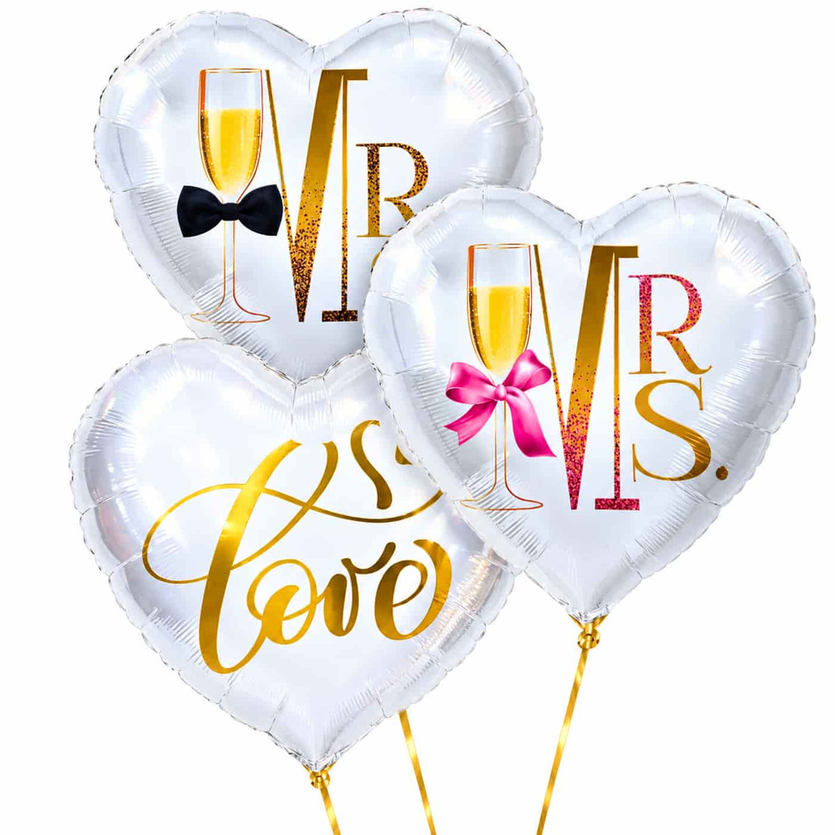 Mr & Mrs Love Trosje Ballonnen – heliumgevulde ballonnen met dunne gouden lintjes op een witte achtergrond
