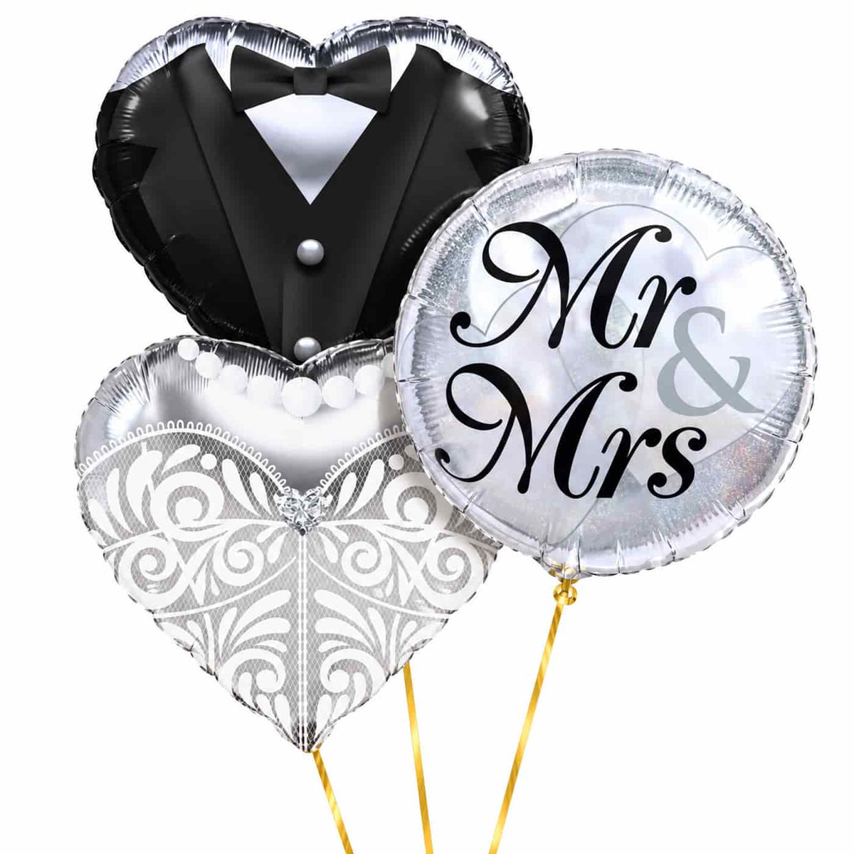 Mr & Mrs Trosje Helium Ballonnen – heliumgevulde ballonnen met dunne gouden lintjes op een witte achtergrond