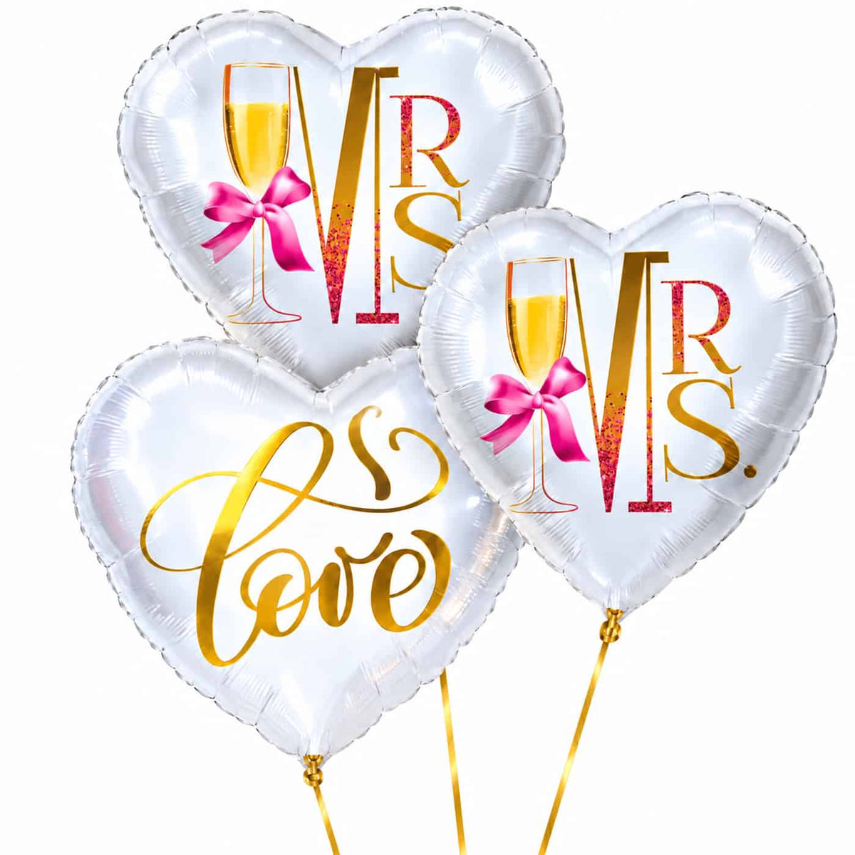 Mrs & Mrs Love Trosje Ballonnen – heliumgevulde ballonnen met dunne gouden lintjes op een witte achtergrond
