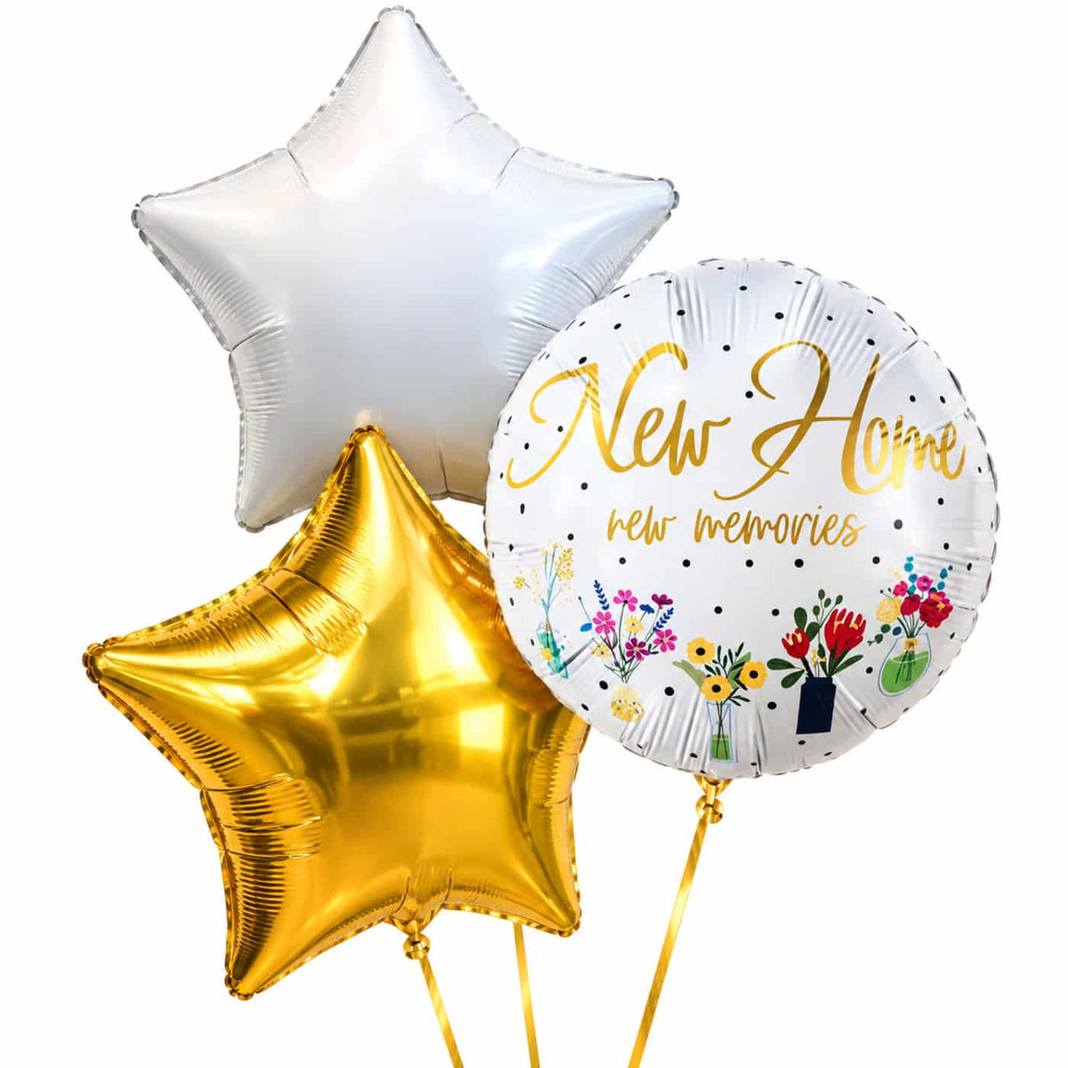New Home Trosje Helium Ballonnen – heliumgevulde ballonnen met dunne gouden lintjes op een witte achtergrond