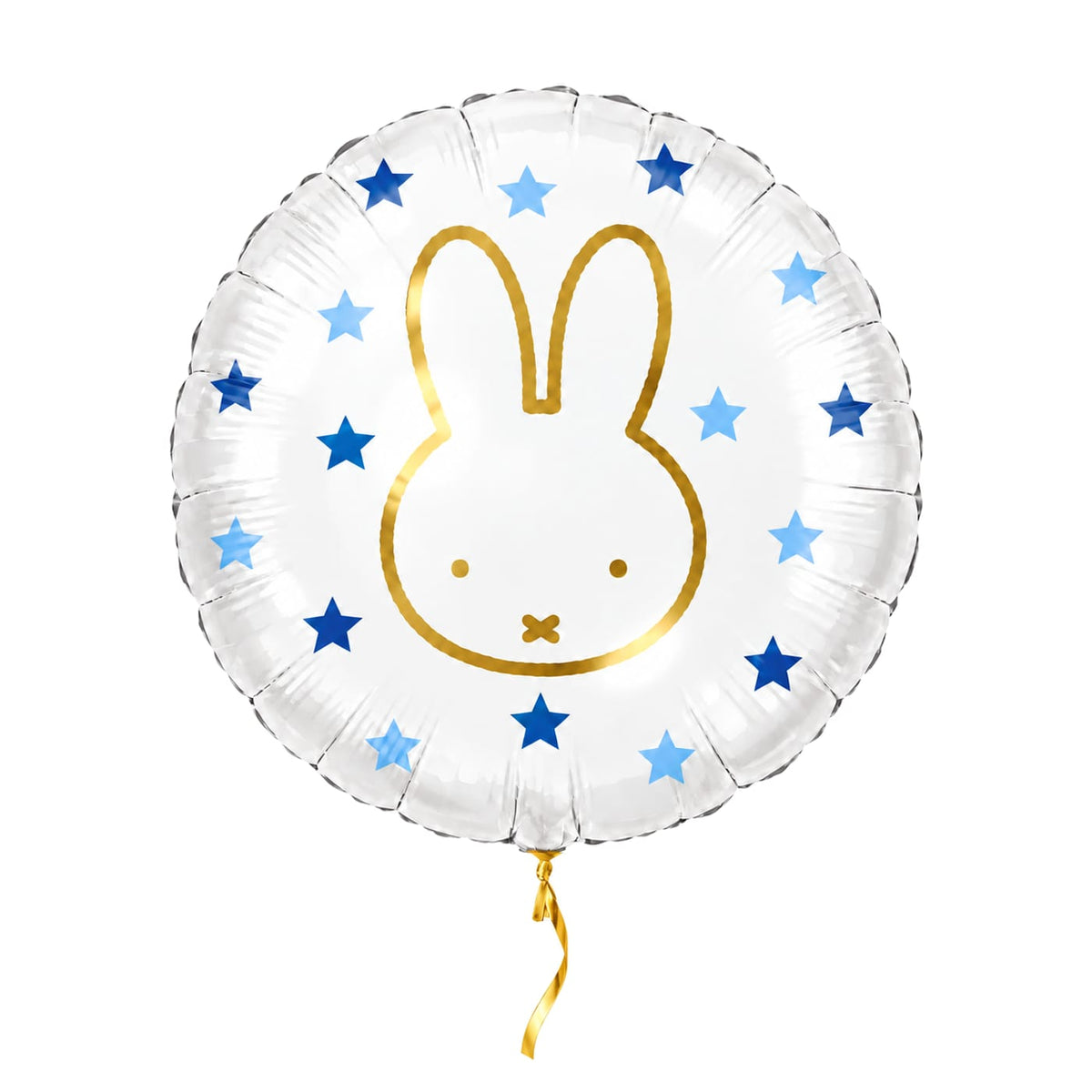 Nijntje Blauw heliumballon met gouden opdruk, blauwe sterren en kort gouden lint op een witte achtergrond