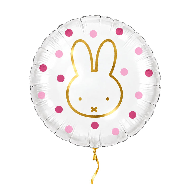 Nijntje Roze heliumballon met gouden opdruk, roze stippen en kort gouden lint op een witte achtergrond