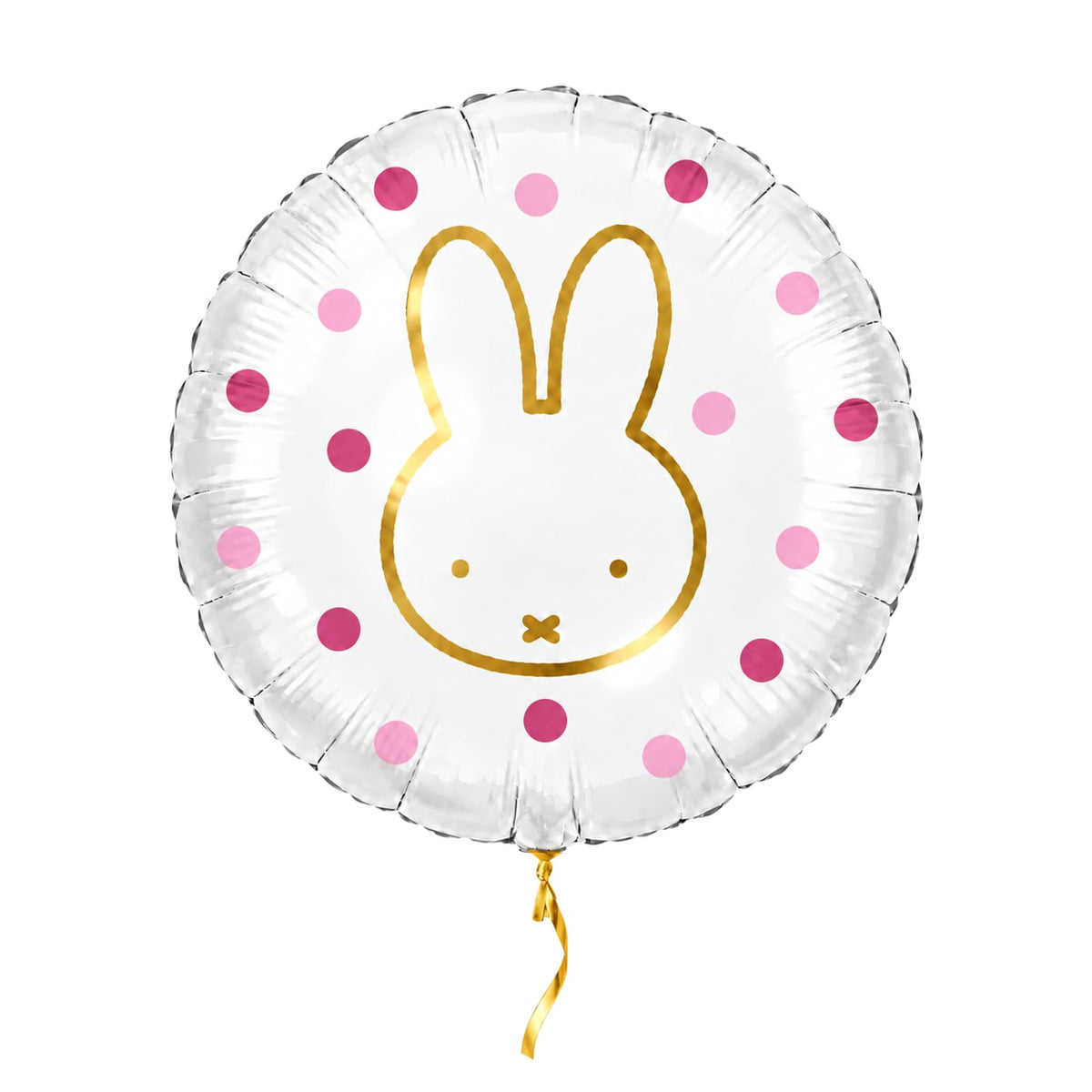 Nijntje Roze heliumballon met gouden opdruk, roze stippen en kort gouden lint op een witte achtergrond